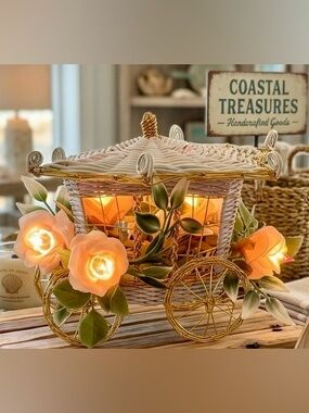 Coach Cream Wicker Floral Lantern Carriage with Gold Accents